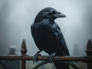 Fototapeta premium A solitary black raven perched on a rusted fence in a misty environment.