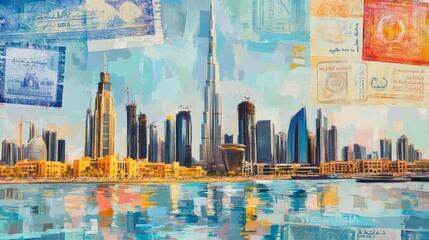 Impressionistic painting showcases the vibrant and bustling Dubai cityscape