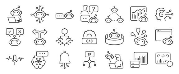 AI agent icon set. It includes ai, robot, NLP, automatic, and more icons. Editable Vector Stroke.
