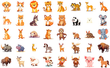 Cartoon wild and domestic animals collection in cute style, no background	