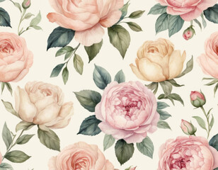 A delicate watercolor floral pattern featuring pastel roses and peonies, set against a soft cream background, evoking a romantic and vintage aesthetic