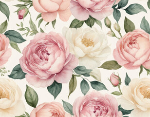 A delicate watercolor floral pattern featuring pastel roses and peonies, set against a soft cream background, evoking a romantic and vintage aesthetic