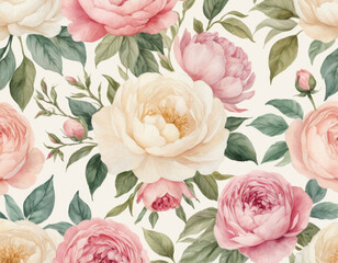 A delicate watercolor floral pattern featuring pastel roses and peonies, set against a soft cream background, evoking a romantic and vintage aesthetic