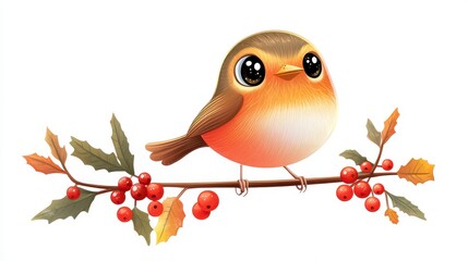 Cute Cartoon Bird on Branch