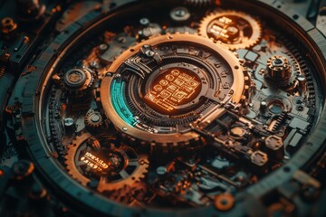 Intricate Visual Metaphor of a Computer Mechanism Filled with Gears and Clockwork Elements