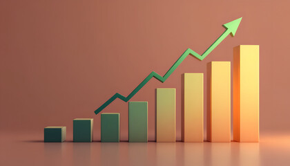 A modern business finance chart with an upward-trending green arrow and a professional bar graph, illustrating revenue growth and economic expansion.