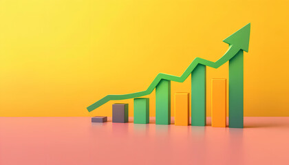An abstract finance and investment visualization with an increasing bar graph and a bold green arrow pointing upwards, representing economic success.