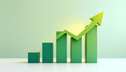 A high-tech financial market analysis concept with a rising bar chart and glowing green arrow, representing stock performance and corporate finance.