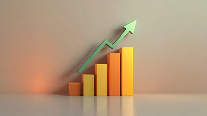 A futuristic business success chart with a glowing green arrow rising over a 3D bar graph, representing financial progress and market stability.