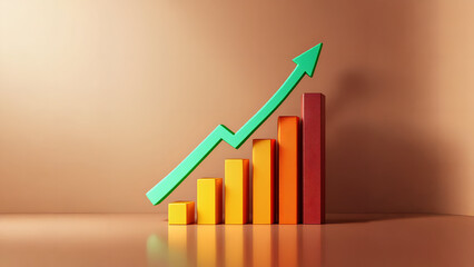 A sleek financial bar graph with an upward green arrow, symbolizing business success, revenue growth, and a strong economy.