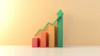 A digital financial growth illustration with a bold green arrow moving upward over a rising bar chart, representing positive market trends and success.