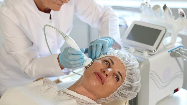 Young female patient receiving facial procedure with high frequency ultrasonic vibration attachment to enhance efficacy of skincare products and improve skin texture. Modern hardware cosmetology