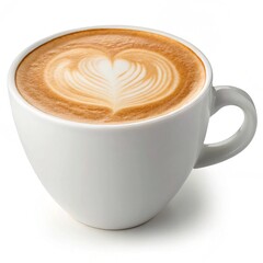 White Ceramic Coffee Cup with Heart Latte Art - Glossy Finish, Rounded Elegance & Minimalist Beverage Design

