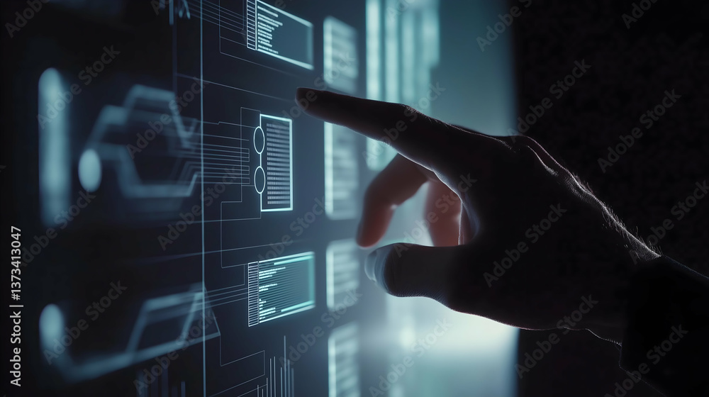 Poster a hand interacts with a digital interface, showcasing modern technology with illuminated data graphi