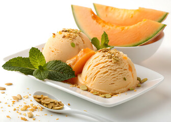 Cantaloupe and vanilla ice cream scoops served with melon slices and nuts 