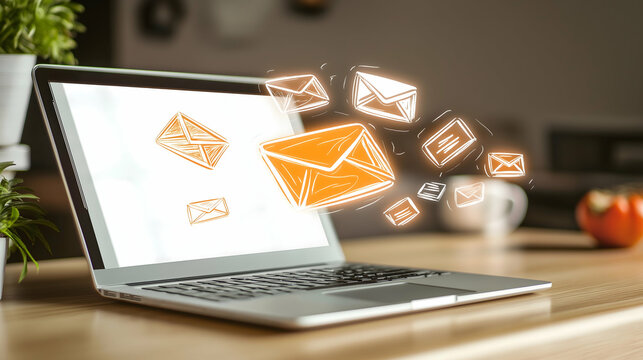 A laptop on a wooden surface displays animated email icons, symbolizing digital communication and connectivity.