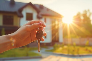 Hand holding a house key against a blurred background with sun rays