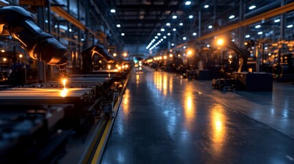 Fototapeta premium Automated Factory Industrial Robots Assembly Line Manufacturing Process