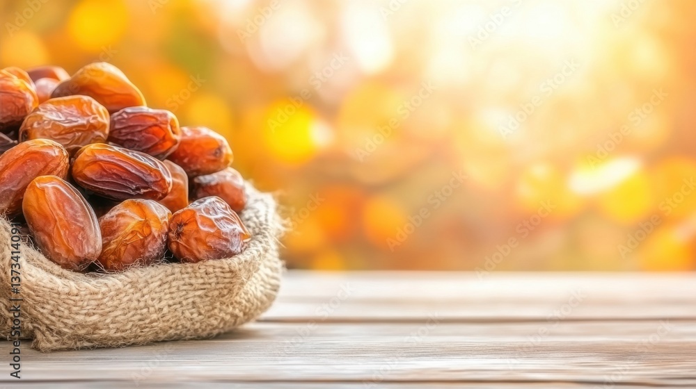 Poster a burlap sack filled with fresh dates sits on a wooden table, illuminated by soft, warm lighting, cr