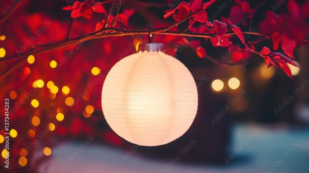 Poster a glowing paper lantern is suspended from a tree branch adorned with deep red leaves, glowing softly