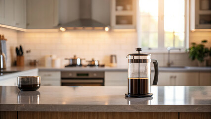 Deli morning meal or breakfast. serene morning kitchen with French press brewing coffee countertop, soft light streaming in.