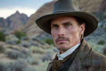 Fototapeta premium Portrait of a serious cowboy in desert attire and scenic landscape
