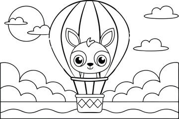 Outline Cute Deer in Hot Air Balloon with Clouds and Sun, White Background