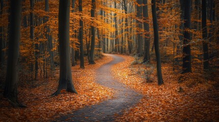 Fototapeta premium A serene winding path through a dense forest adorned with vibrant orange and yellow autumn leaves. Tall trees with dark trunks frame the path, creating a tranquil atmosphere that invites contemplation