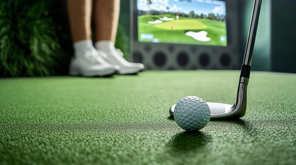 Indoor golf simulation with a putting green.
