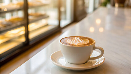 Fototapeta premium Deli morning meal or breakfast. cup of latte with intricate art on white saucer, placed on marble counter in cozy cafe.