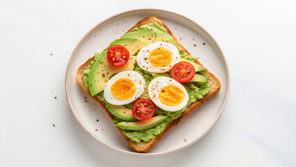 Deli morning meal or breakfast. Avocado toast with boiled eggs, cherry tomatoes, and seasoning white plate.