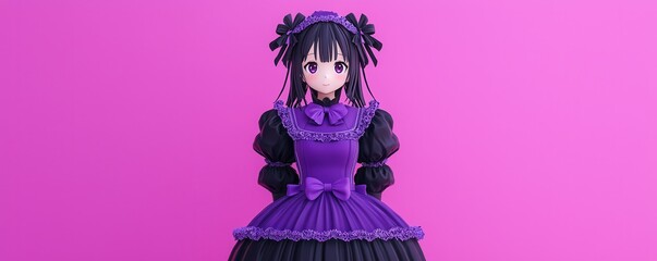 Fototapeta premium A character figure wearing a lavish purple dress stands against a vibrant pink background, showcasing intricate details and a playful, whimsical expression.