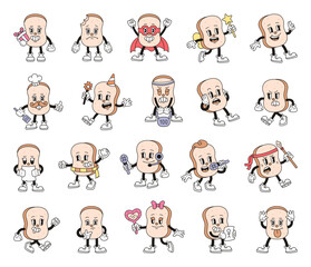 Bread toast character set includes a variety of fun illustrations showing emotions, outfits, and pose in a cute vintage cartoon food themed style for yours creative projects