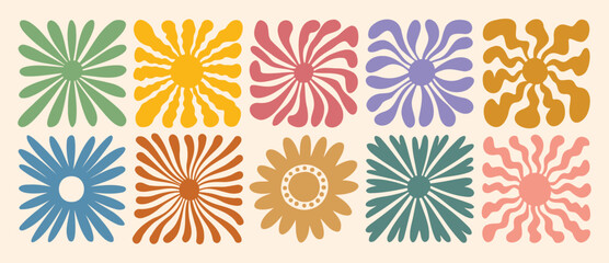 retro groovy flower daisy naive icon doodle hand drawn set. abstract wavy ray logo in trendy 70s style. boho colorful groovy sun psychedelic vintage background or summer poster