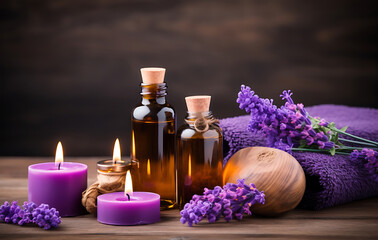 Obraz na płótnie Canvas Relaxing spa candles and aromatherapy elements, candles