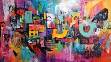 A vibrant abstract painting featuring a lively arrangement of geometric shapes and animated colors, showcasing a mix of bold reds, yellows, greens, blues, and purples. The background transitions from 