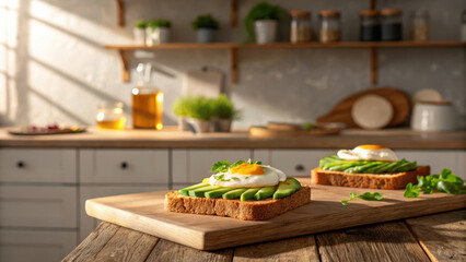 Fototapeta premium Deli morning meal or breakfast. Avocado toast with fried eggs on wooden board in cozy rustic kitchen.