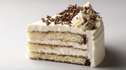 Decadent white cake with creamy frosting and rich chocolate shavings. A sweet, close-up treat!