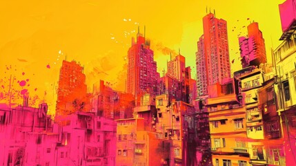 Obraz premium A vibrant and visually striking illustration of an urban landscape, showcasing towering skyscrapers amidst a backdrop of bold orange and yellow hues. The buildings are represented in shades of pink an
