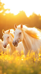 Two white horses gallop through sunlit meadow, exuding freedom