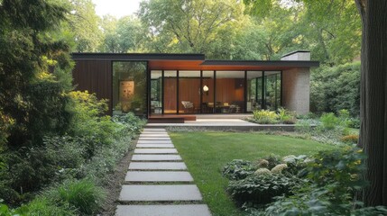 Modern house with large windows, stone pathway, and lush green landscaping.