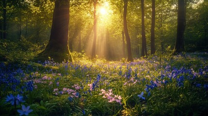 A tranquil forest scene bathed in golden sunlight, highlighting a lush carpet of colorful wildflowers, primarily bluebells and pink blooms. Tall trees tower overhead, casting dappled shadows on the gr