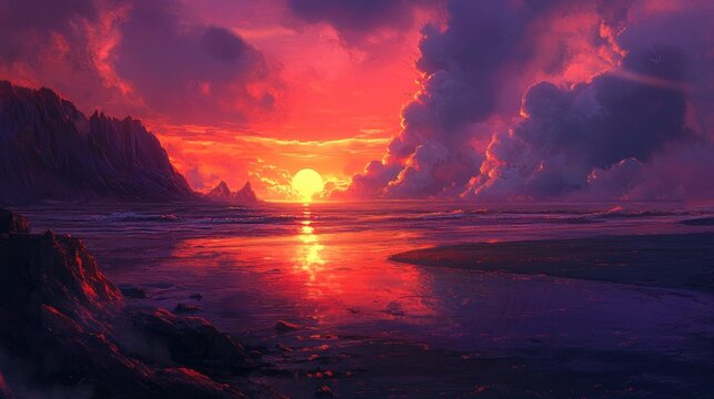 A breathtaking sunset over a serene ocean landscape, featuring vibrant hues of orange, pink, and purple reflecting off the water's surface. The silhouette of rugged mountains on the left contrasts bea