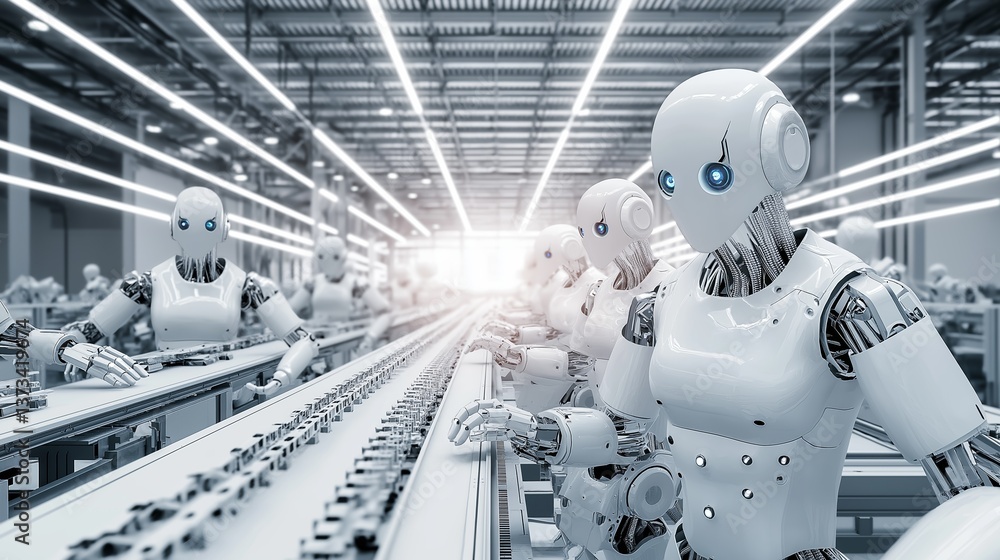 Poster sleek humanoid robots in a high-tech factory environment