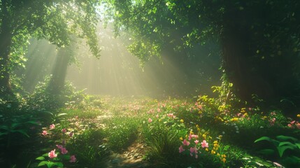A serene forest scene bathed in soft, golden sunlight filtering through a lush canopy of green leaves. The ground is covered with an array of colorful flowers, creating a picturesque pathway that invi
