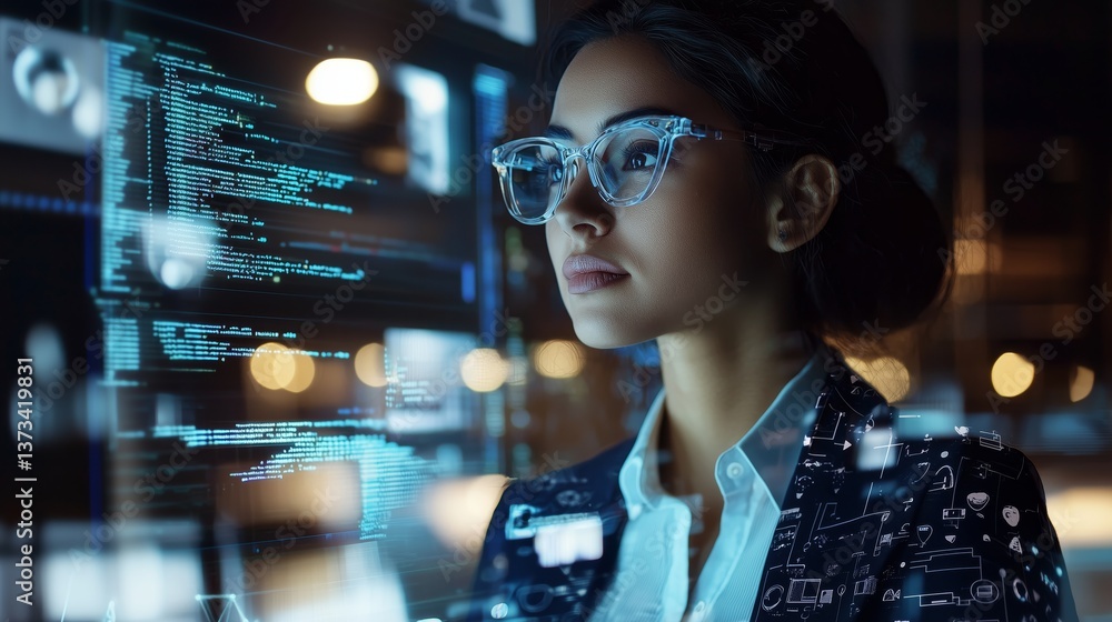Poster female engineer engaged in coding with transparent screens in office