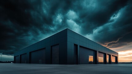 Fototapeta premium Modern industrial building under a dramatic stormy sky at sunset.
