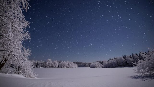 Starry winter nighttime in snowy forest landscape with frozen trees and clear sky
