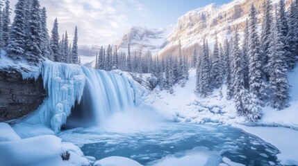 A breathtaking winter landscape featuring a cascading waterfall partially frozen, surrounded by snow-covered evergreen trees. The scene captures the serene beauty of nature with icy textures and a tra