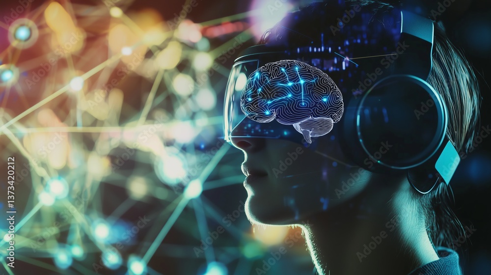 Poster person with headset immersed in virtual world of brain and computer data